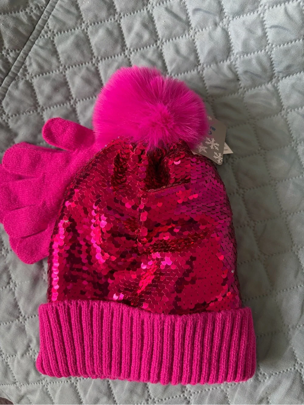 NWT Kids Pink Sequin Pom Pom Beanie and Gloves Set